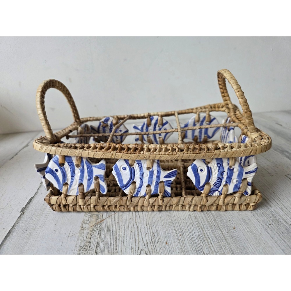 Wicker fish basket picnic drinks condiments summer party decor with handles‎